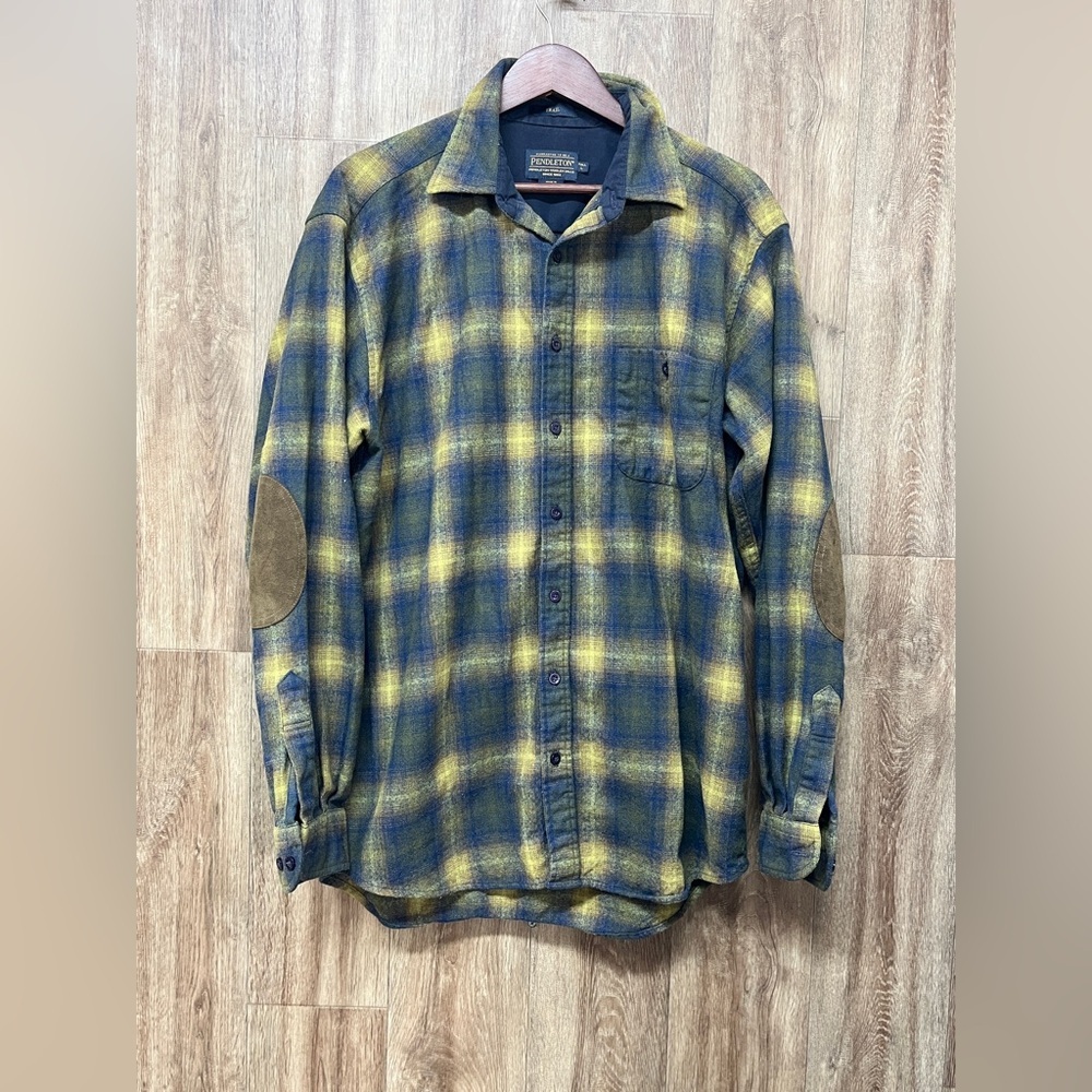 Pendleton Men's Elbow-Patch Wool Trail Shirt in a Yellow and Blue Plaid